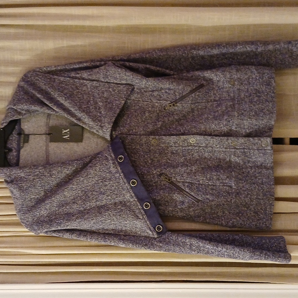 Armani Exchange Purple Sparkle Asymmetrical Cowl Neck Button Knit Jacket L NWT